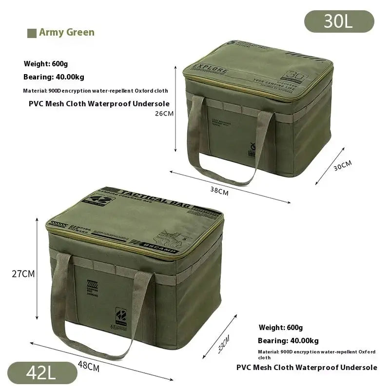Tactical camping storage bag set, Simples Market, army green insulated, 30L and 42L, waterproof with handles.