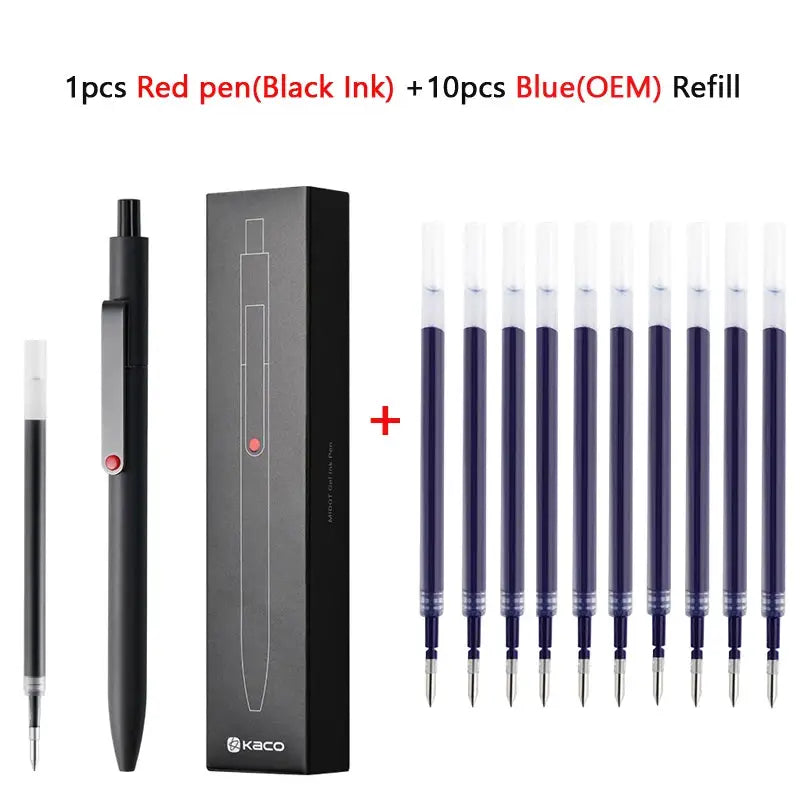 KACO 0.5mm MIDOT gel ink pen with black body, boxed, plus ten blue refills
