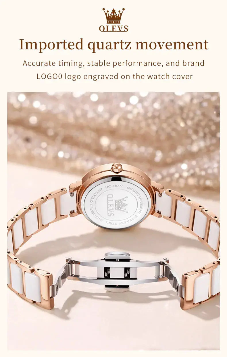 OLEVS women's watch with rose gold case and white ceramic link bracelet, water-resistant Japan quartz movement