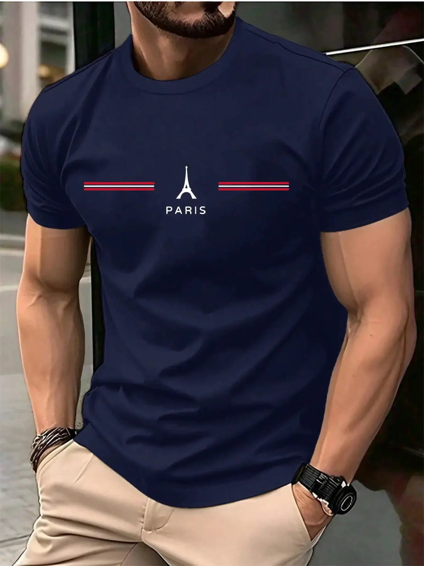 Men's 100 Percent Pure Cotton Summer Loose Oversized Casual T Shirt With Paris Letter Print Round Neck Short Sleeves