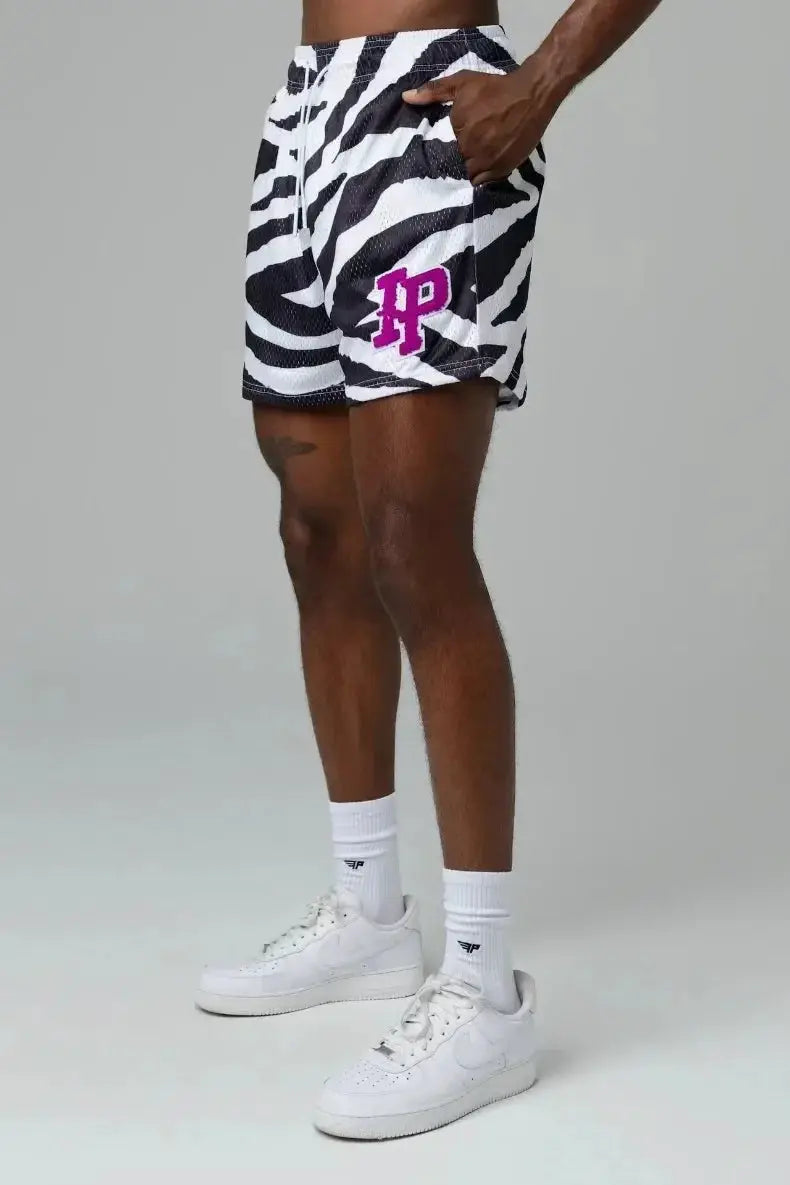 Mens zebra-print mesh shorts with purple IP logo; quick-dry, breathable athletic shorts