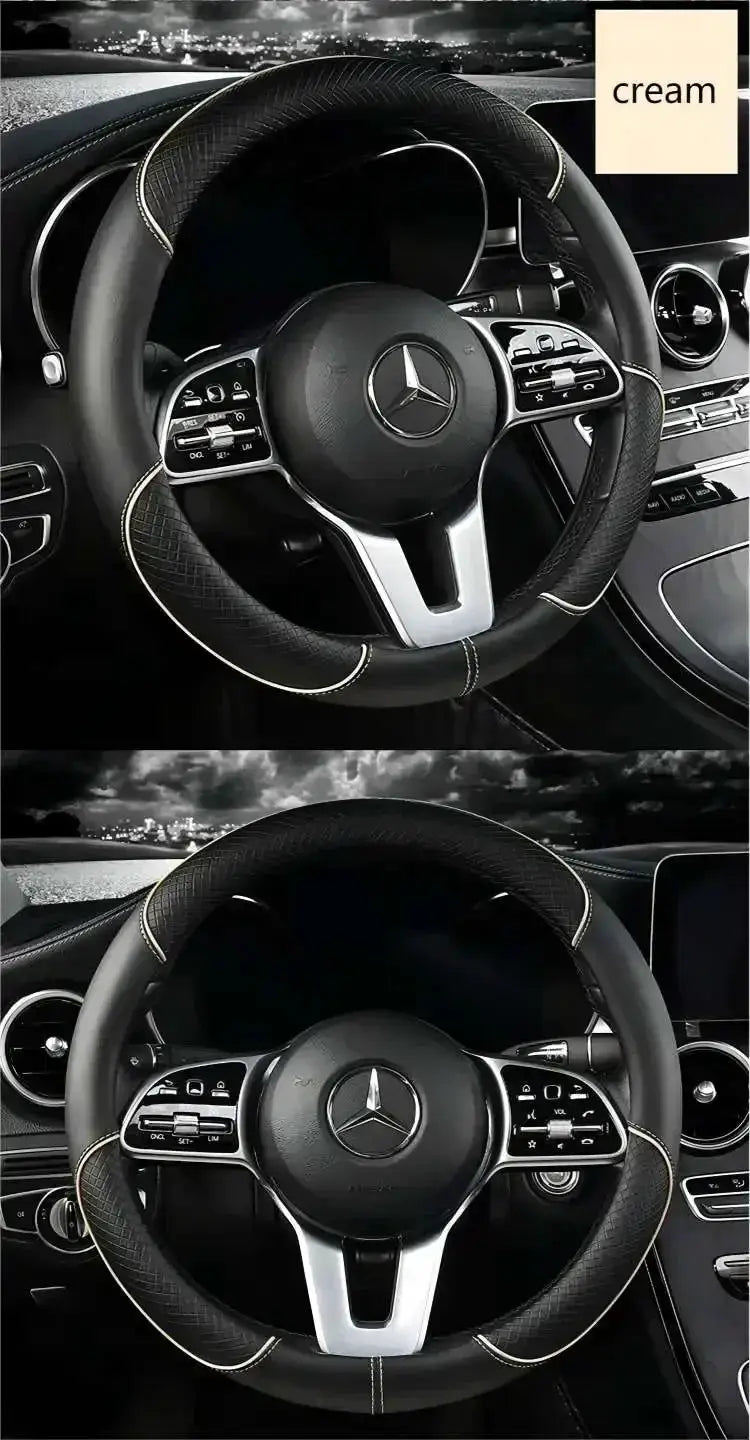 Car steering wheel cover in cream microfiber leather, 38cm, non-slip grip; Simples Market