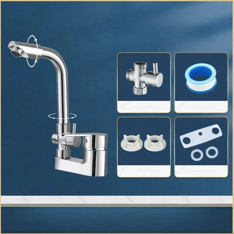 Chrome basin faucet with deck-mounted single-handle mixer; includes valve and mounting hardware.