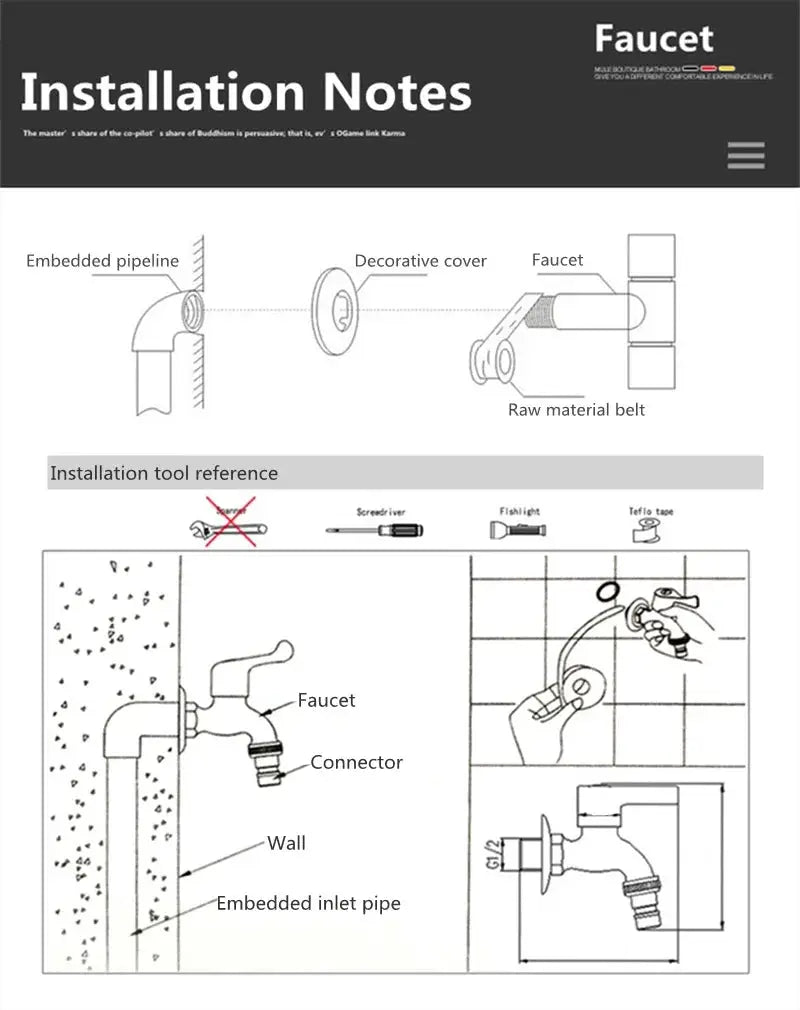 Brushed outdoor 304 stainless garden faucet wall-mounted; installation diagram by Simples Market
