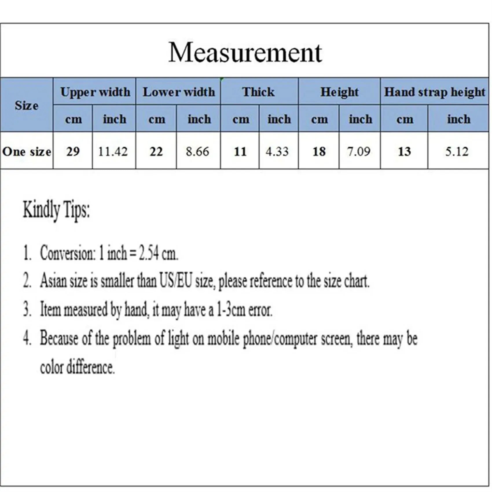 Elegant ladies straw woven handbag size chart showing one size with width, thickness, height, and strap.