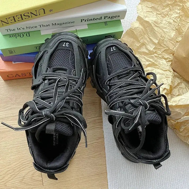 Brand Design Sneakers, black chunky lace-up dad shoes, pair for men and women, casual sports style