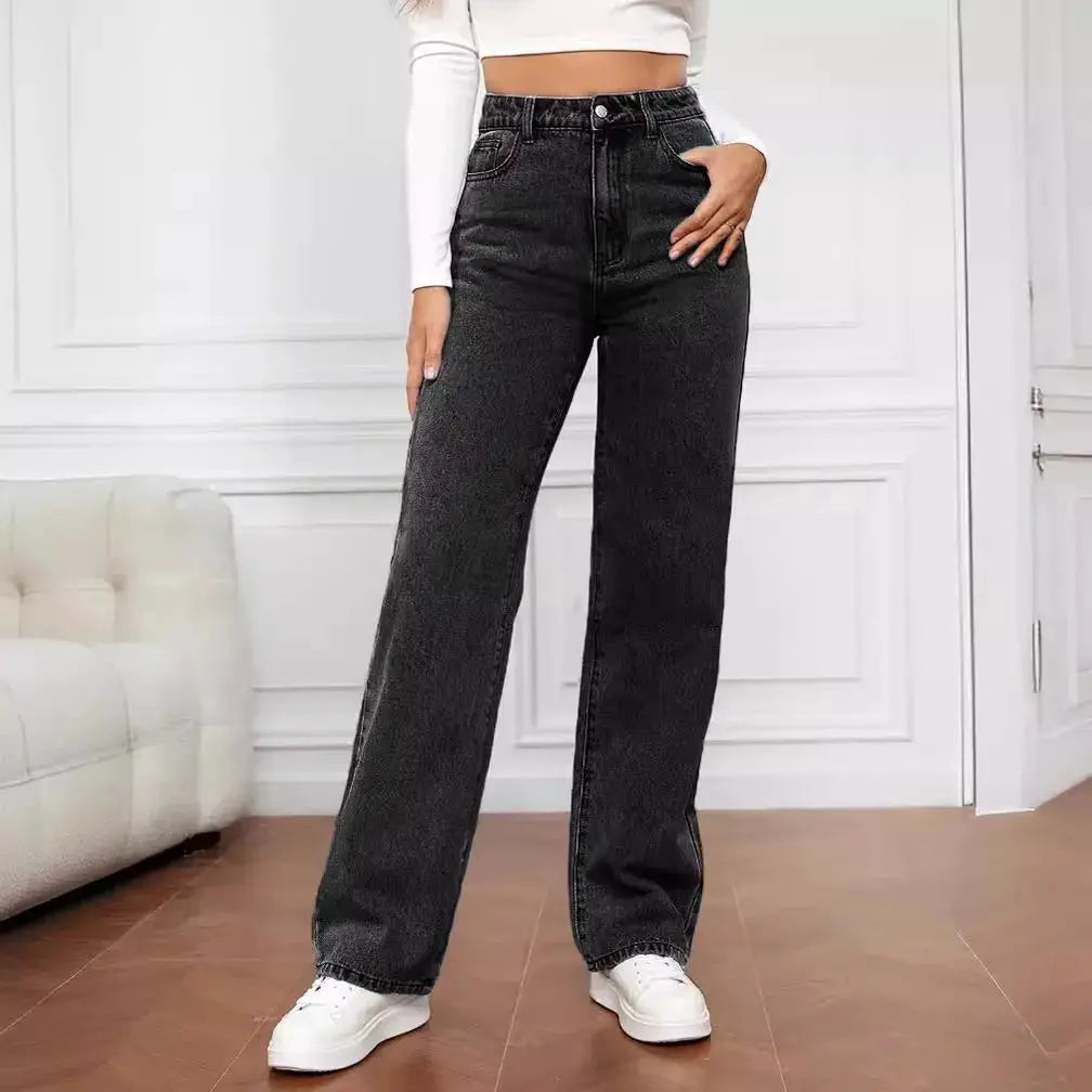 Retro Blue Jeans For Women Y2K High Waist Baggy Straight Leg Denim
