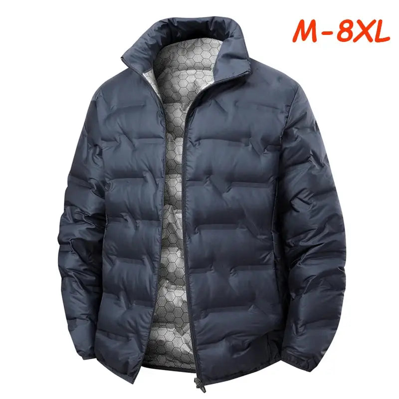 Men's navy duck-down puffer jacket with stand collar and quilted panels