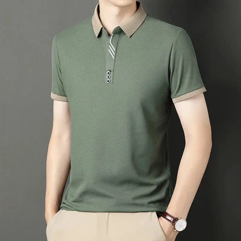 Men's solid-color polo shirt, olive green with beige collar and cuffs, Simples Market