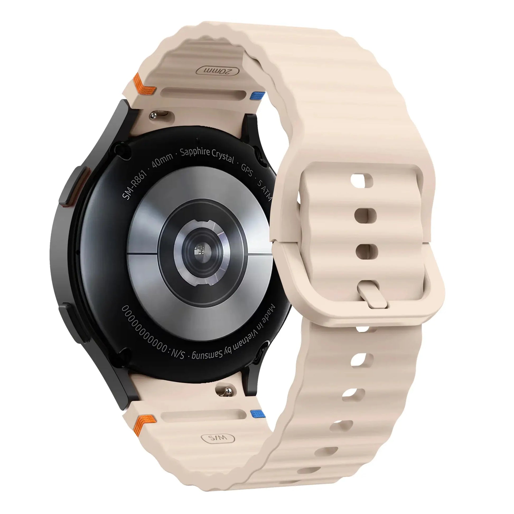 Original beige silicone watch band for Samsung Galaxy Watch (size variants) with orange and blue loop accents