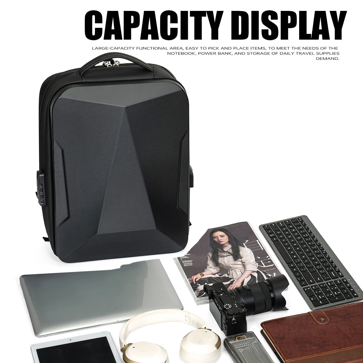 Black hard-shell expandable backpack for men; large-capacity business travel bag