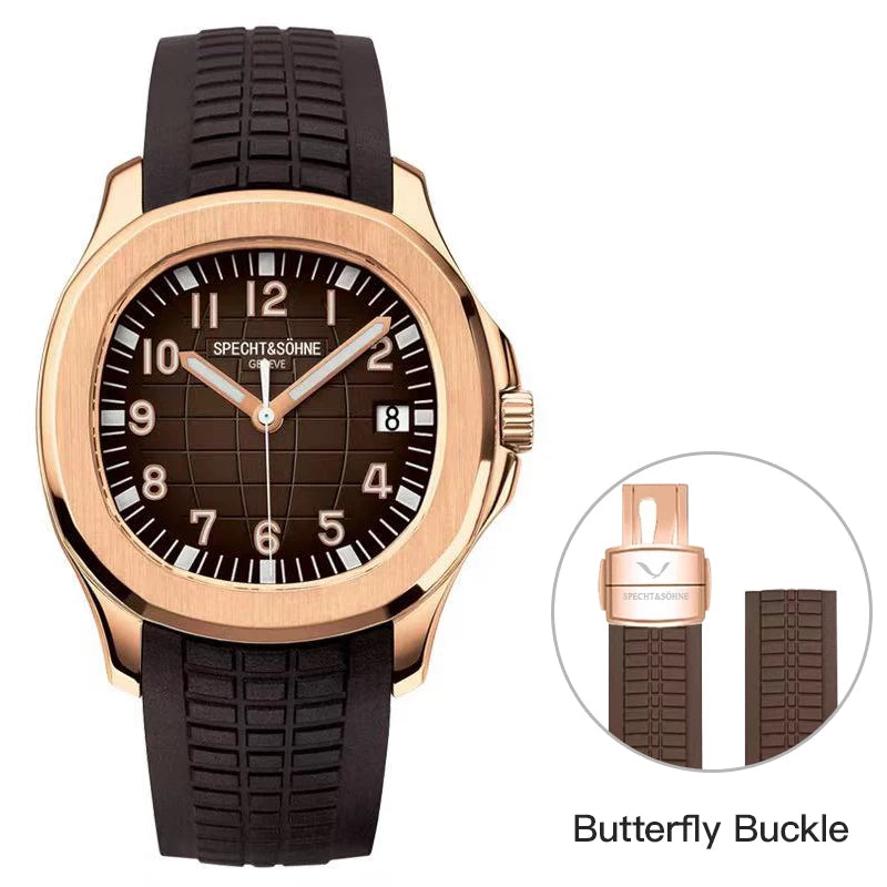 Specht&Söhne men's automatic watch with rose-gold case, black rubber strap, date display.