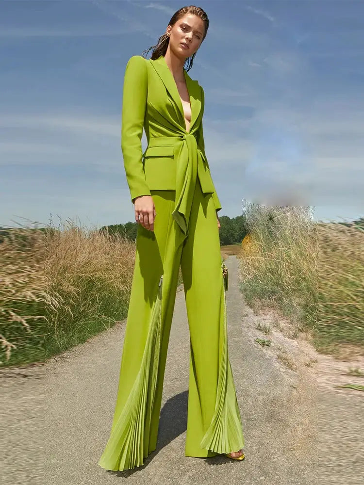 Simples Market 2pc lime green blazer and pleated zip pants suit set for women