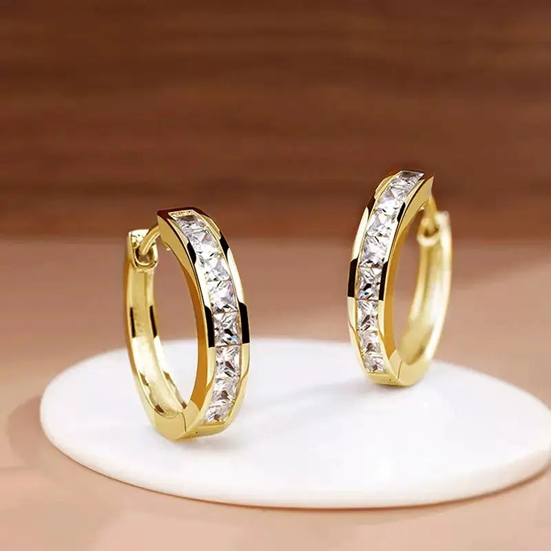 Huitan Classic Design Women Hoop Earrings With Princess Square CZ Cubic Zirconia Elegant And Versatile Jewelry