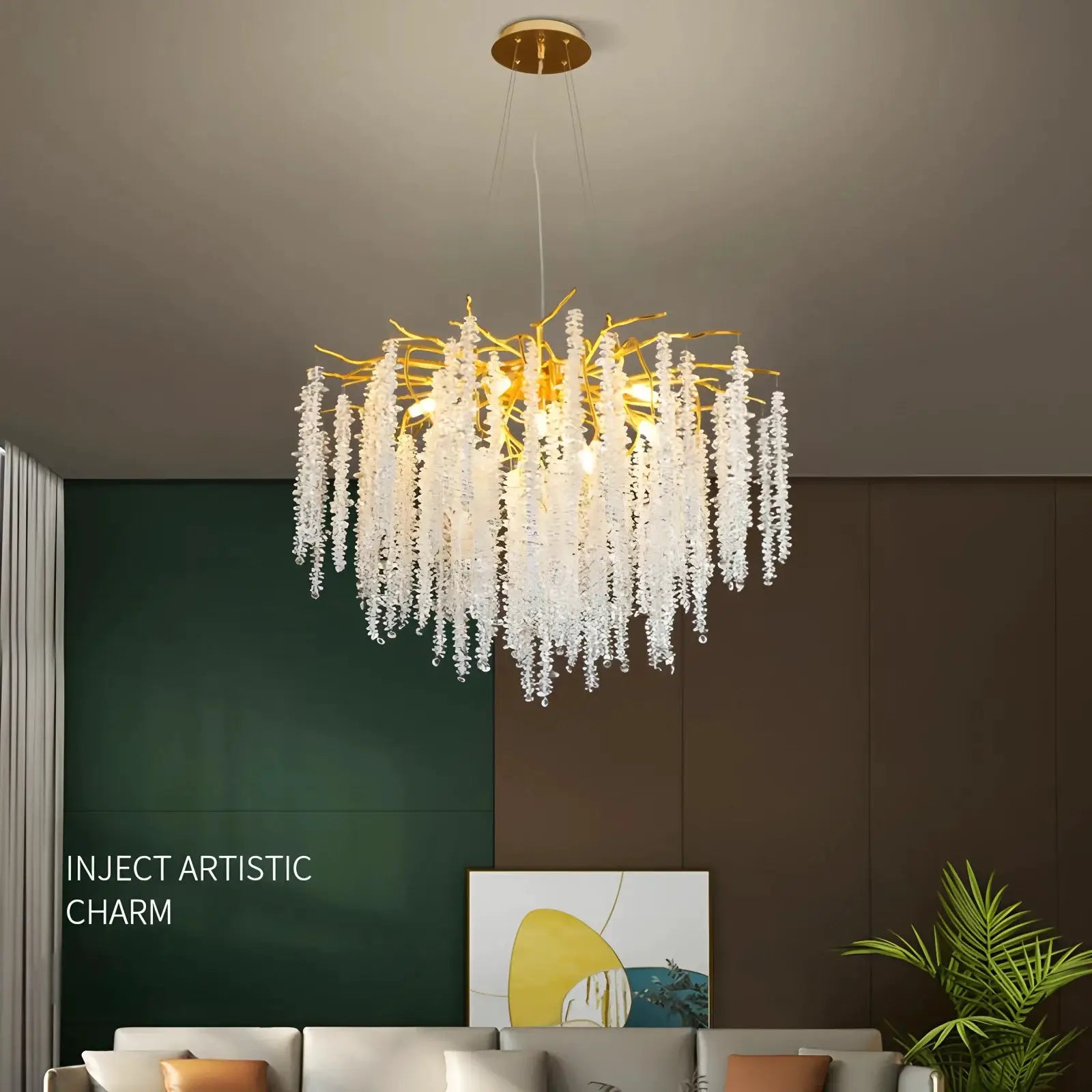 Simples Market modern crystal chandelier pendant; gold-toned metal with hanging clear crystals