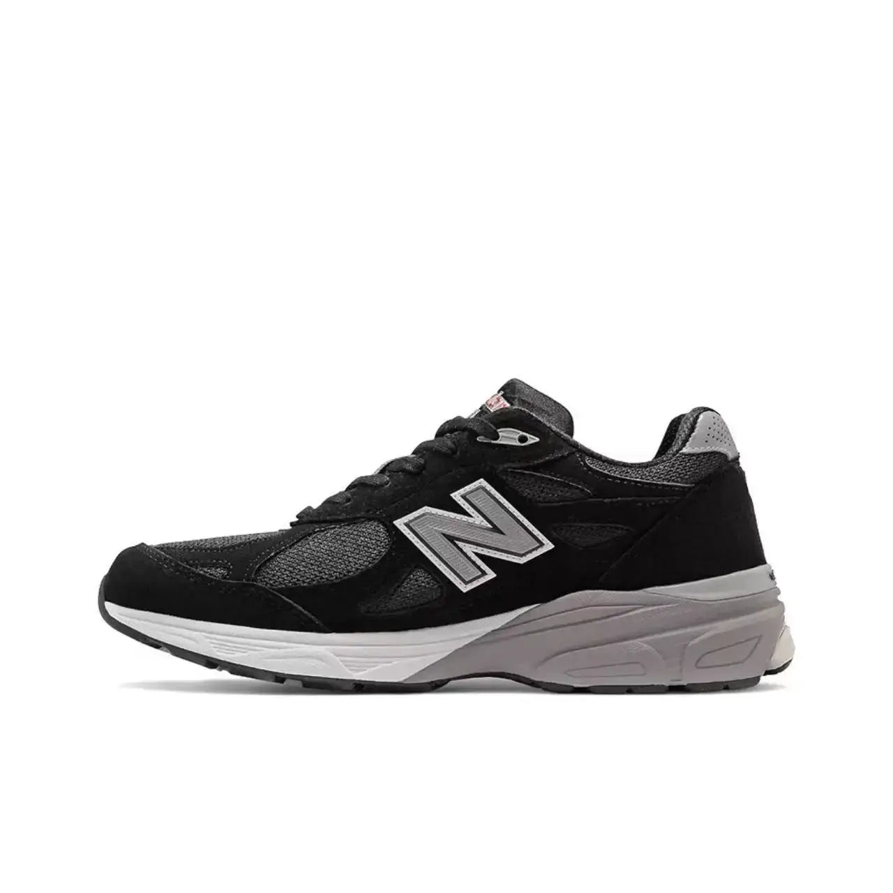 Running sneakers in black mesh with a large NB N logo and gray sole.