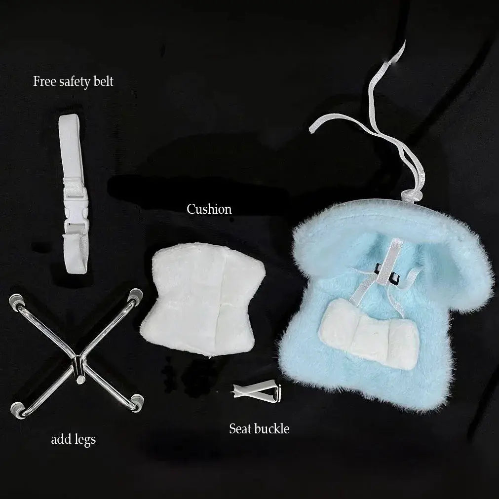 Car doll safety seat by Simples Market, blue plush with white cushion and buckle; 6-piece set.