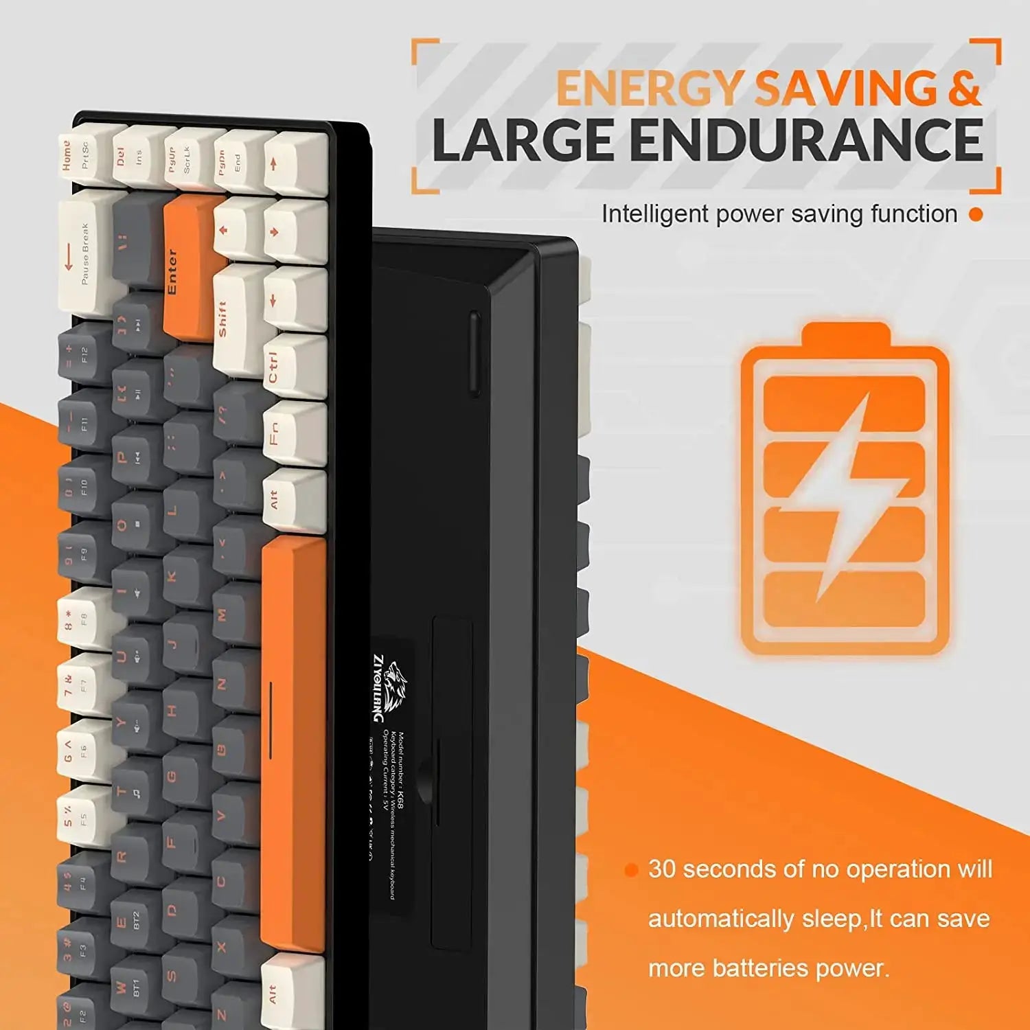 RK68 60% wireless mechanical keyboard by Simples Market, dual-mode Bluetooth/2.4GHz, 68-key orange/black.