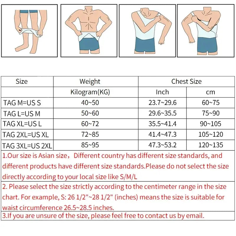 Mens slimming body shaper compression shirt with blue panels, shown in step-by-step wearing diagrams and size chart