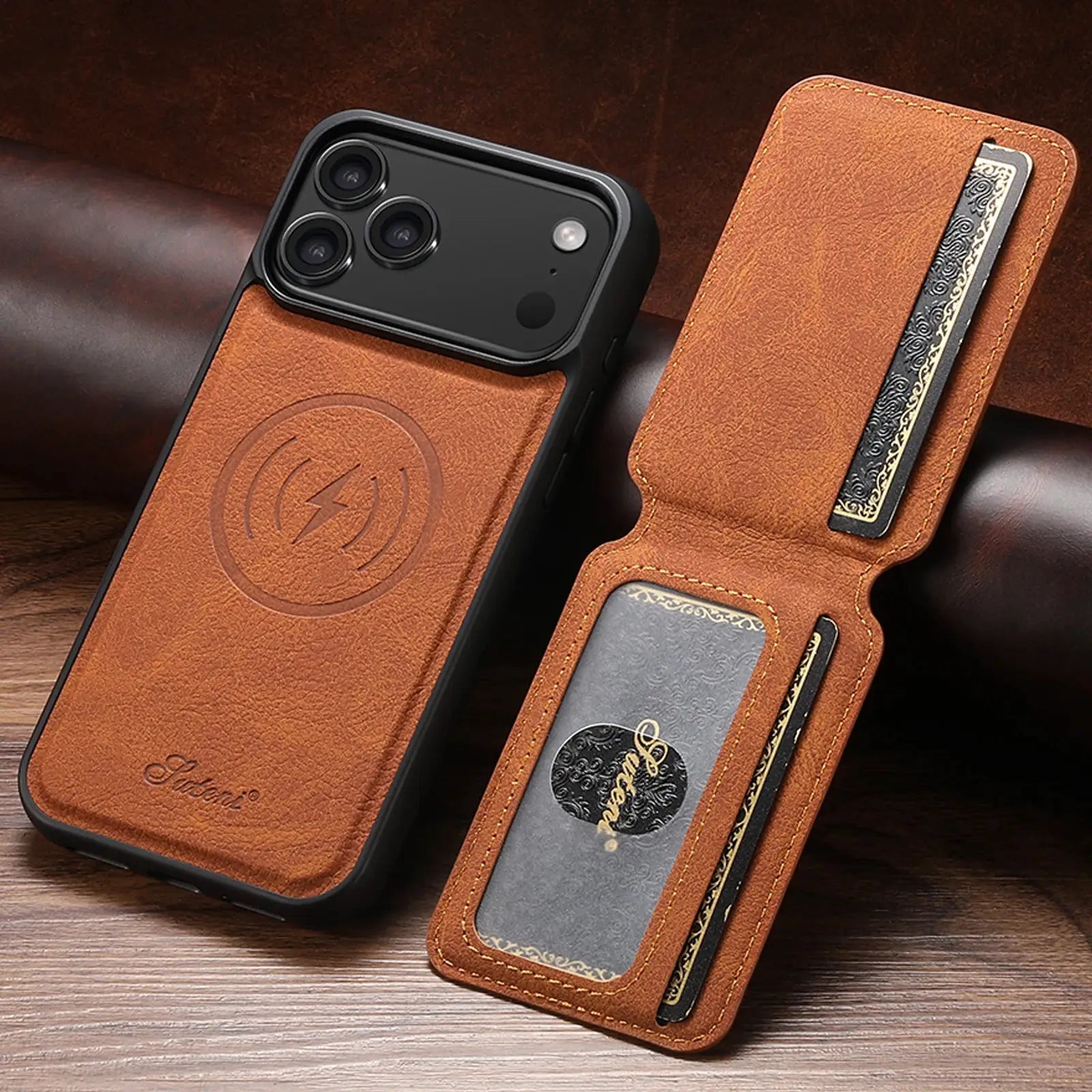 SUTENI Wireless Charging Case With Magnetic Card Holder Stand For iPhone 12 Through 17 Pro Max PU Leather