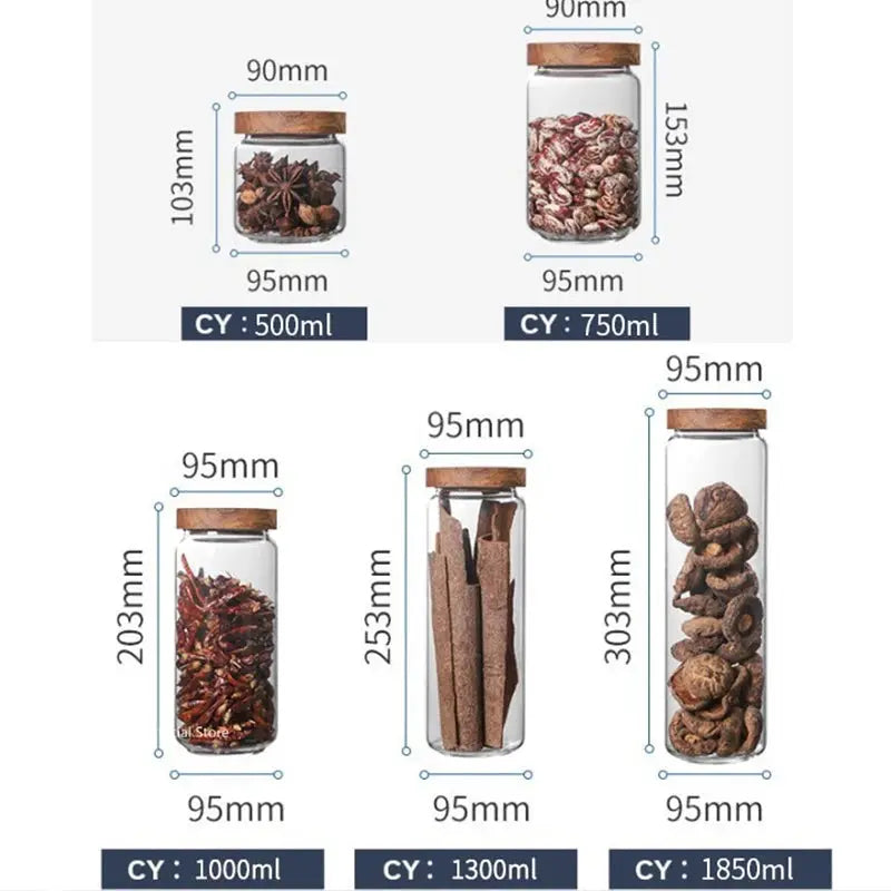 Wood Lid Glass Airtight Canister Set For Kitchen Storage Jars Containers Grains Tea Coffee Beans Candy