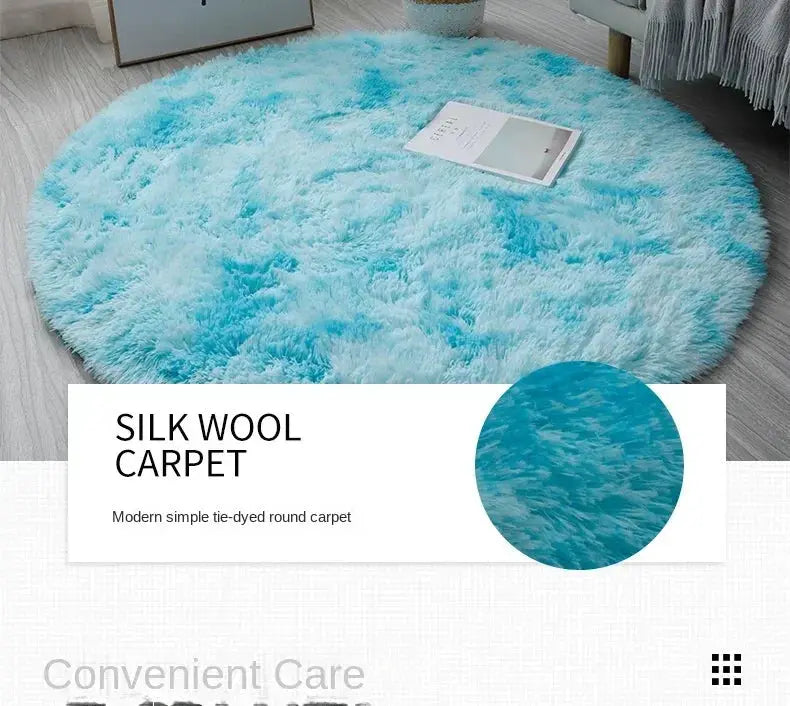 Blue round plush rug mat, fluffy shag carpet for living room and bedroom decor, Simples Market