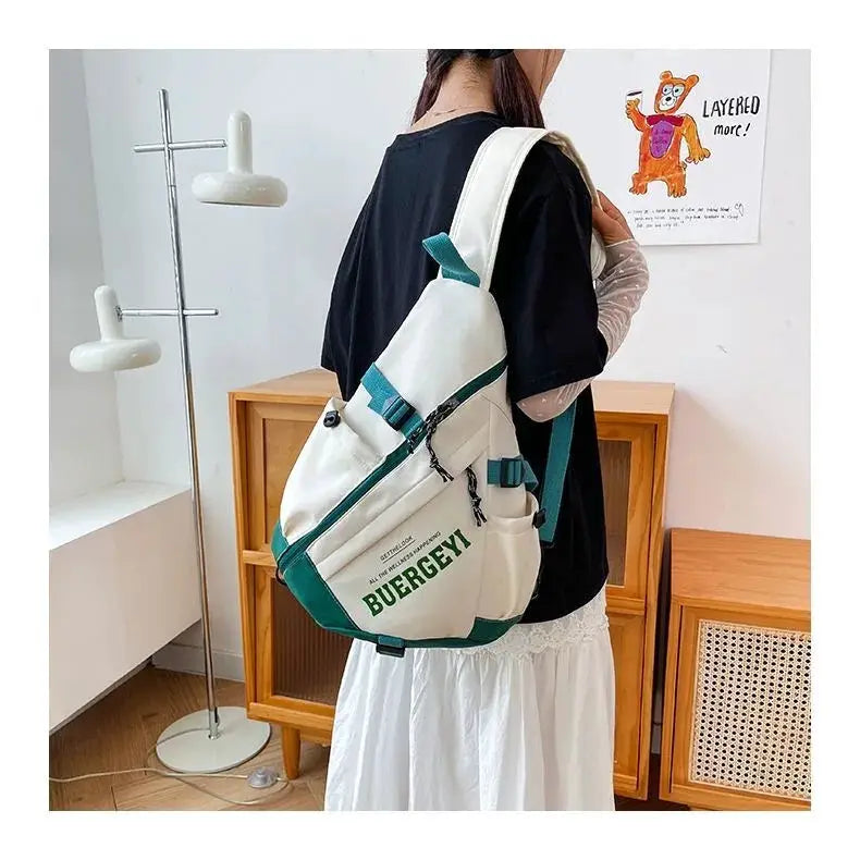 New Y2K portable light nylon crossbody bag, white with teal accents, worn as a unisex travel chest pack