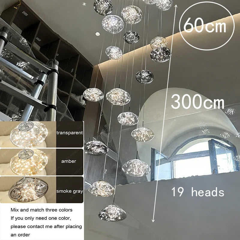 Simples Market modern dining room pendant light fixture with 19 glass heads; color options, adjustable 300 cm.