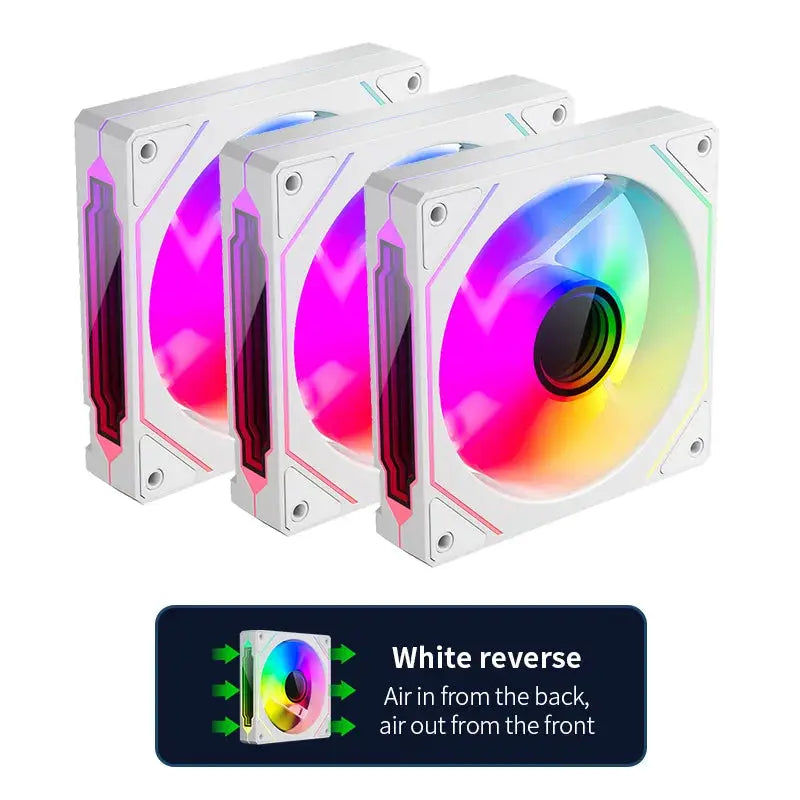 TEUCER LJ-4Pro ARGB 120mm PC case fans, set of three white fans with rainbow RGB lighting and 4-pin PWM connectors