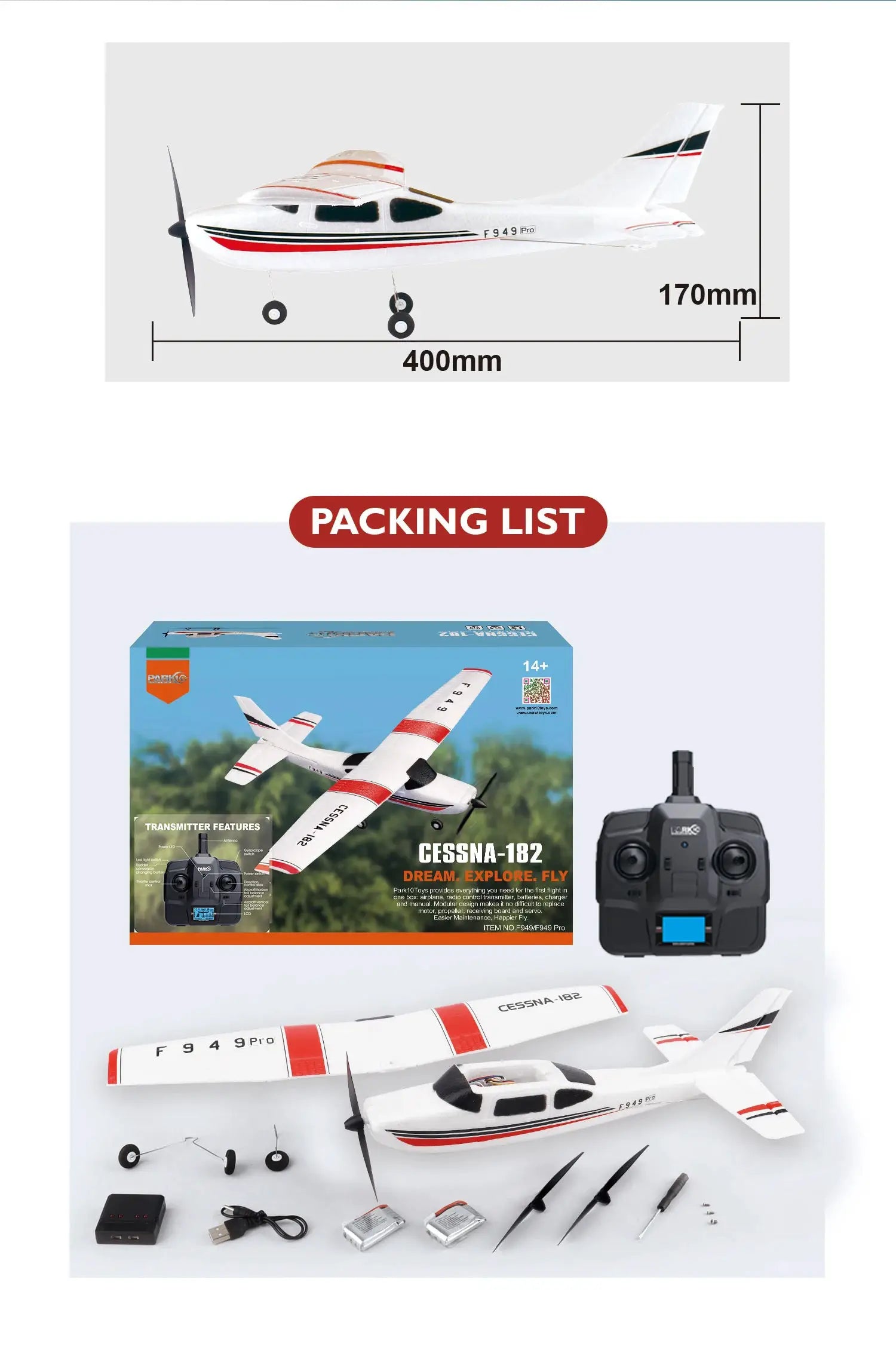 WLtoys F949 LCD RC Airplane Cessna 182 in white with red and black stripes; includes remote controller.