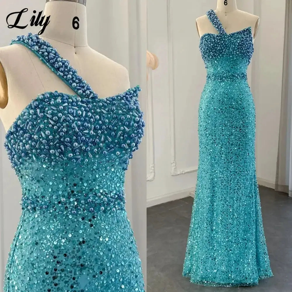Lily Blue Prom Dress One Shoulder Sleeveless Mermaid Gown Rhinestones