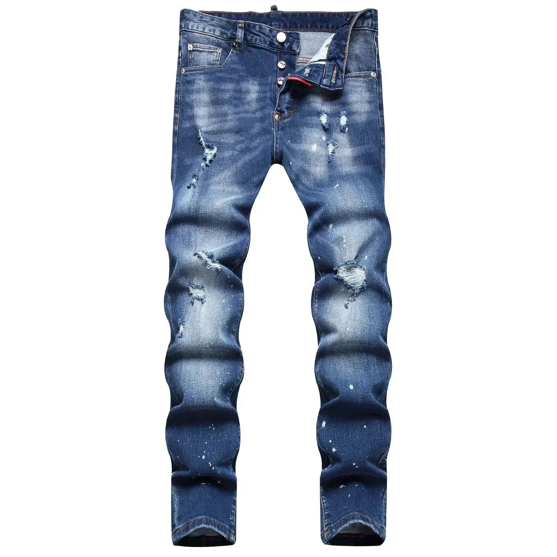 Men's ripped jeans in light-blue distressed denim with holes, slim stretch fit