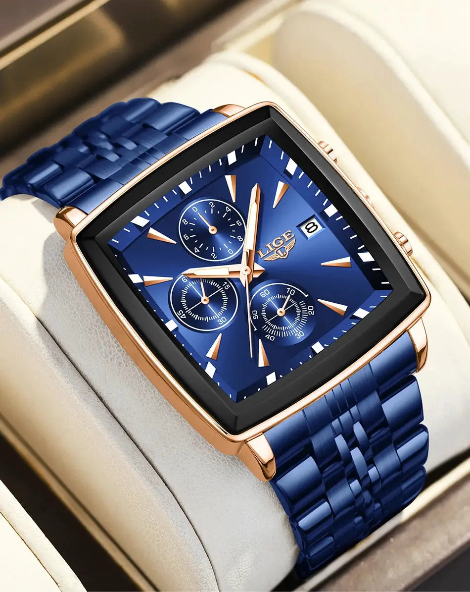 LIGE blue square stainless steel men's watch