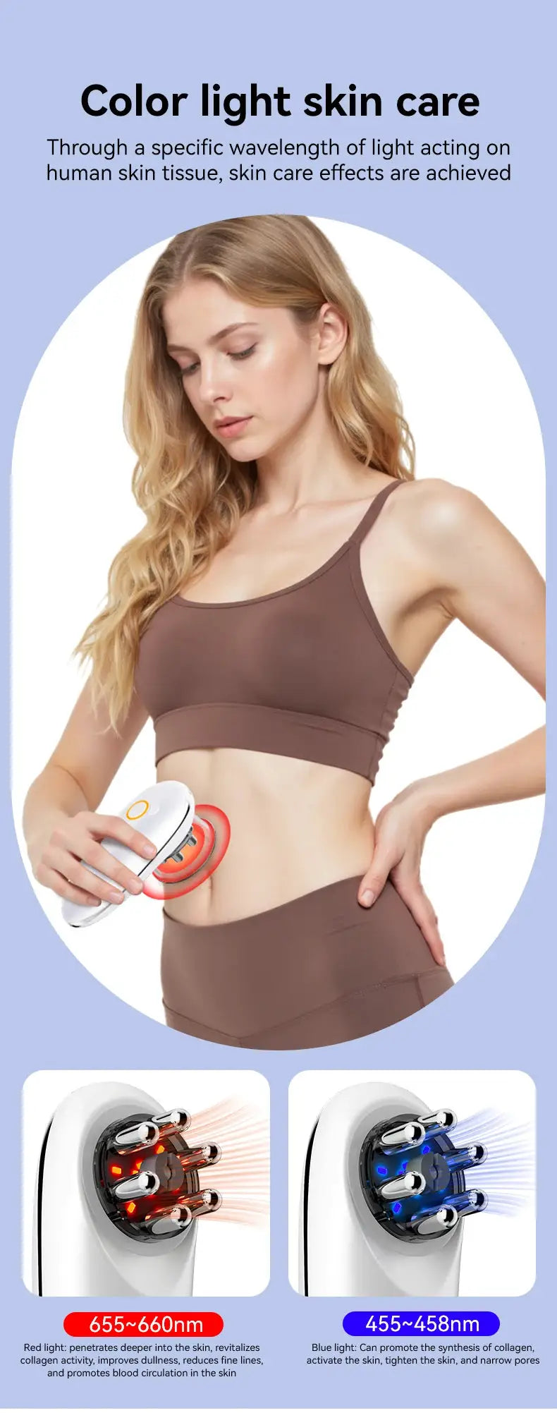 Simples Market 2025 Face & Body Sculpting Massager, white handheld device with red and blue LED heads used on abdomen