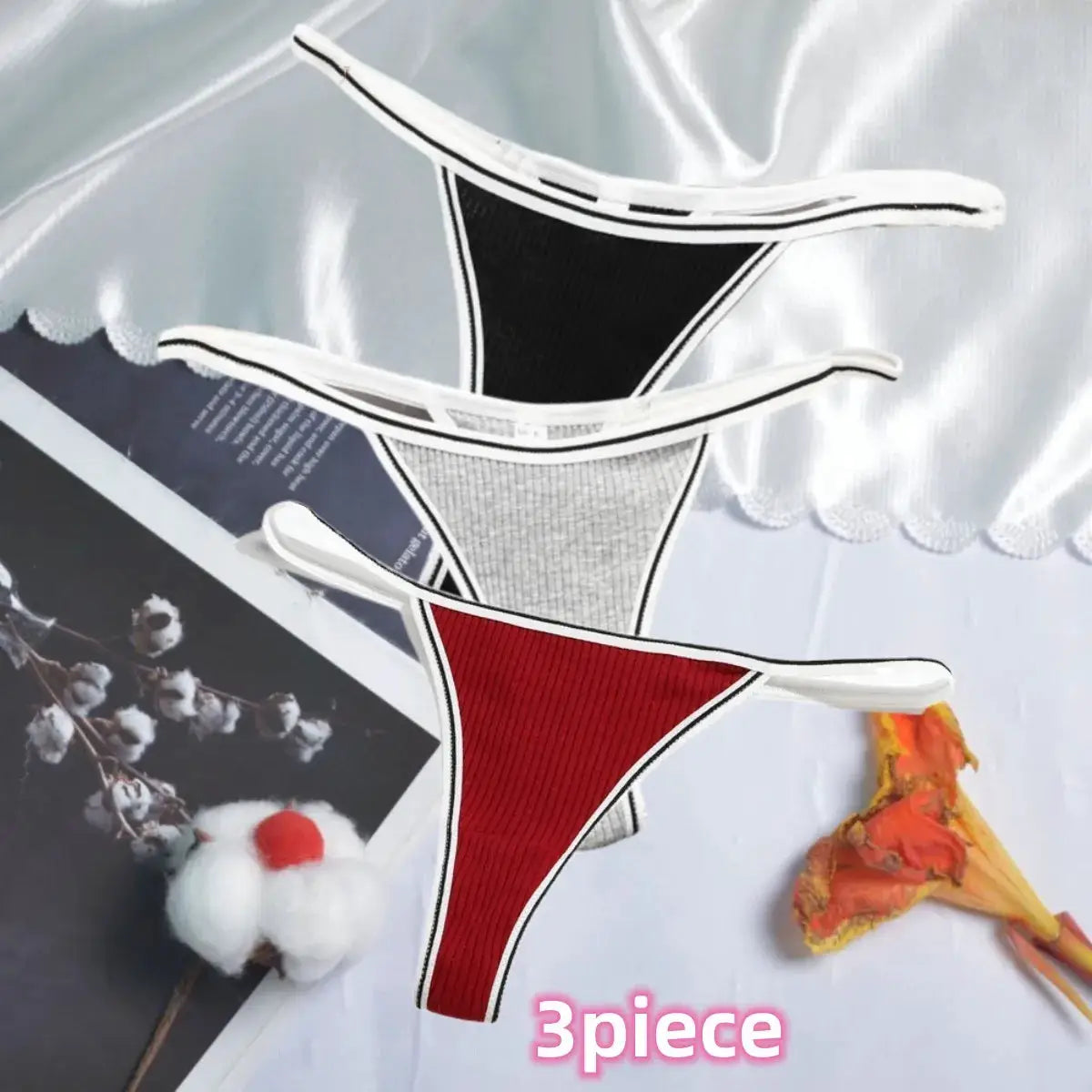 3-piece women's cotton thong underwear set from Simples Market in black, gray, and red with white trim
