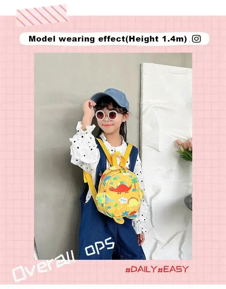 Cute Cartoon Dinosaur Kids Backpack; yellow dinosaur print, adjustable straps for kindergarten