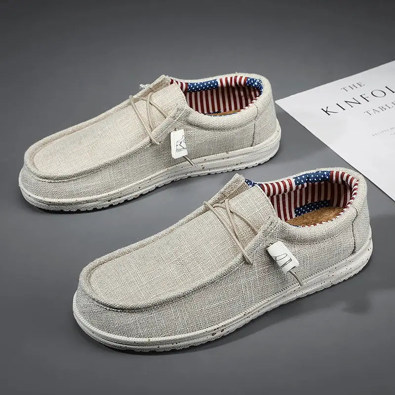 Men's casual canvas loafers by Simples Market, light beige, breathable vulcanized sole, pair