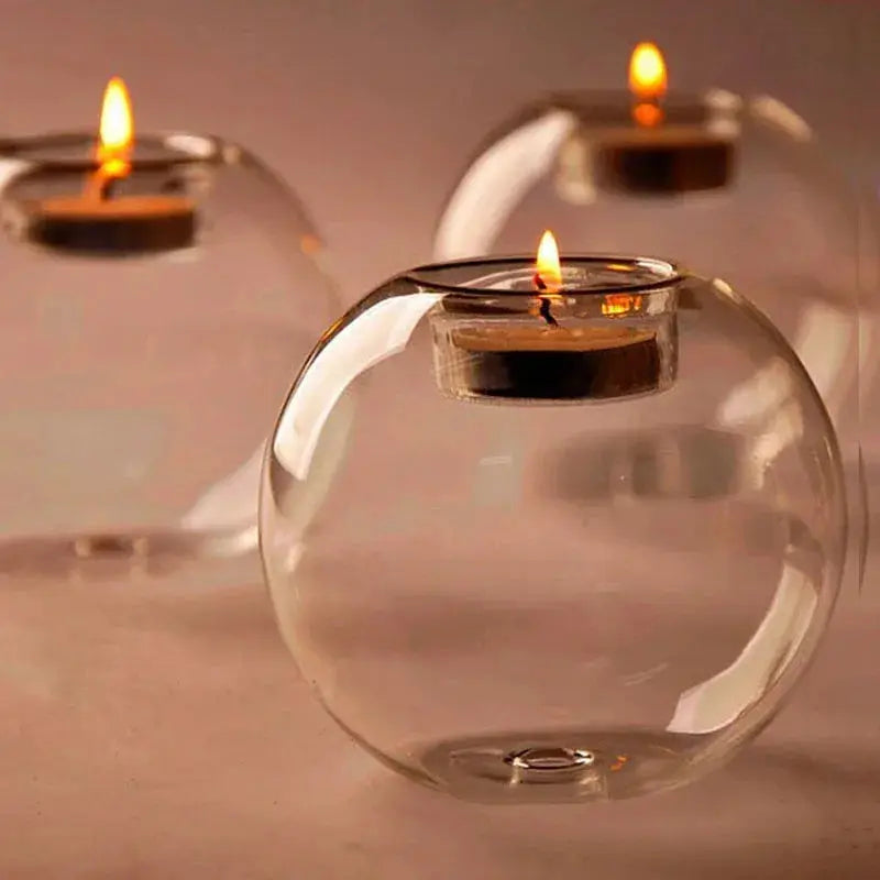 Elegant round glass candle holders, set of three, by Simples Market, European-style centerpiece with lit tea lights.