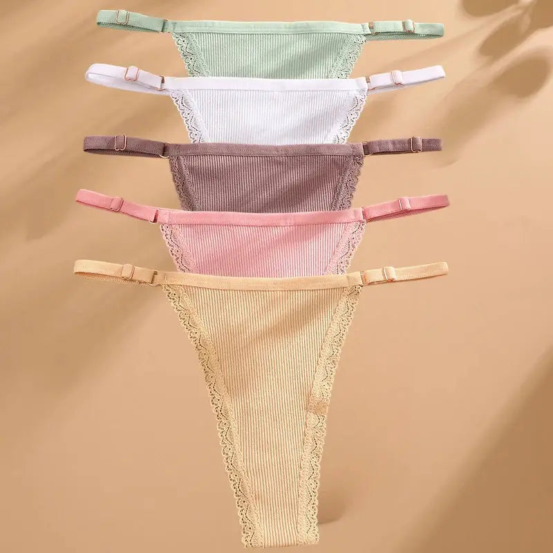 5-pack cotton thong underwear by Simples Market, lace-trimmed g-strings with adjustable waist in pastel colors