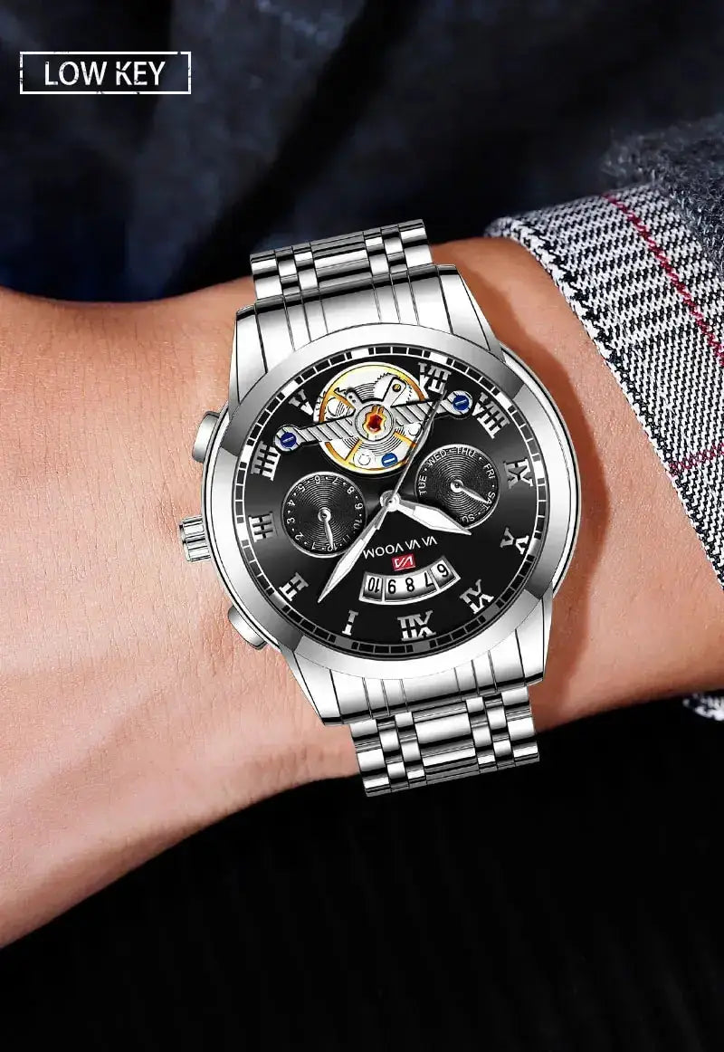 Men's stainless steel luxury watch with black dial, skeleton movement, Roman numerals and date display