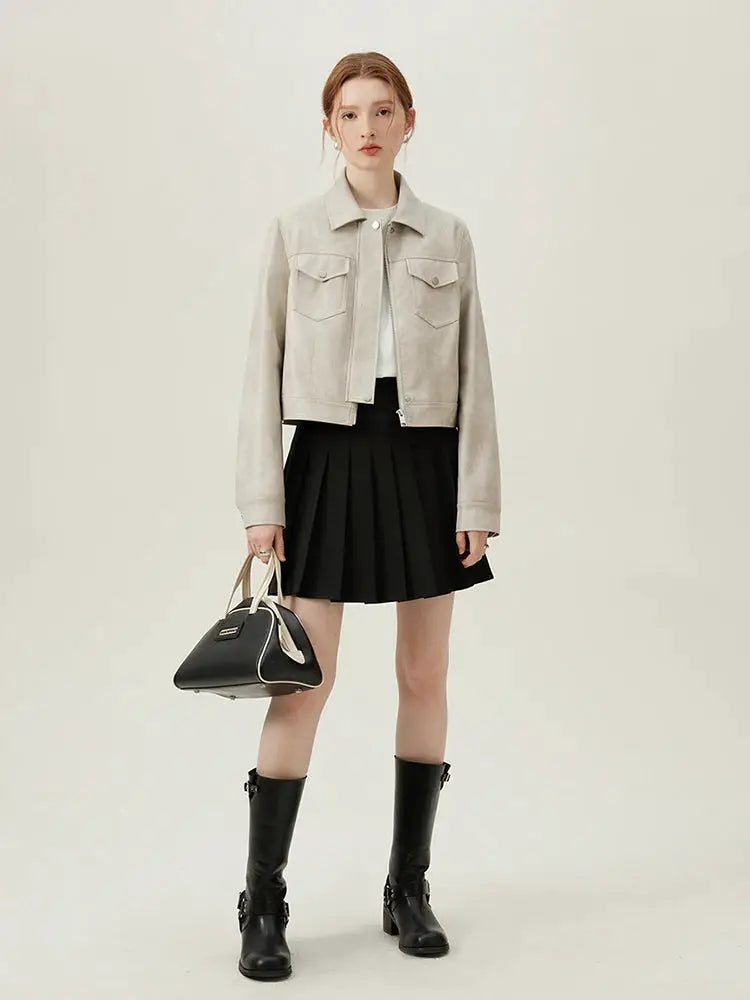 Simples Market FSLE women's 2-piece blazer set: beige cropped jacket and black pleated skirt
