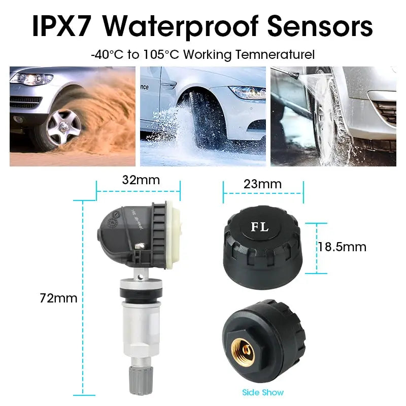 JMCQ TPMS tire pressure monitoring system with 5 waterproof external/internal sensors; black valve-stem units