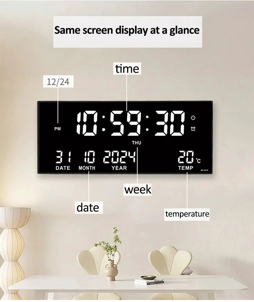 Digital large LED wall clock with time, date, month, year, weekday and temperature on a black panel