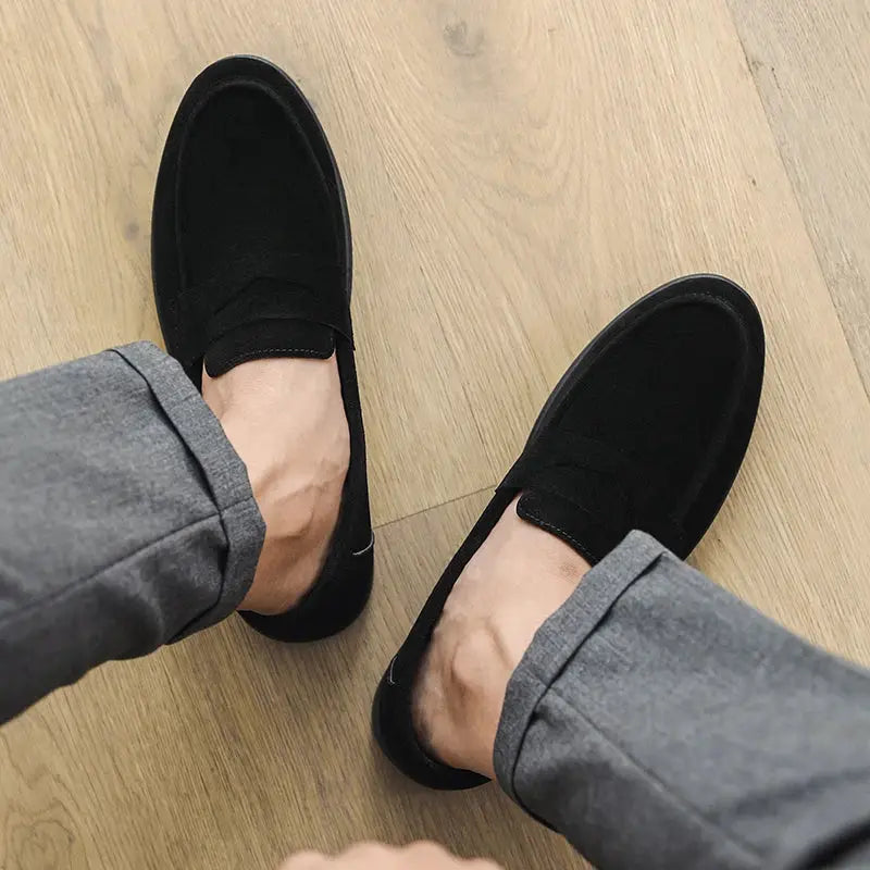 Men's black suede slip-on loafers by Simples Market with lightweight non-slip sole.