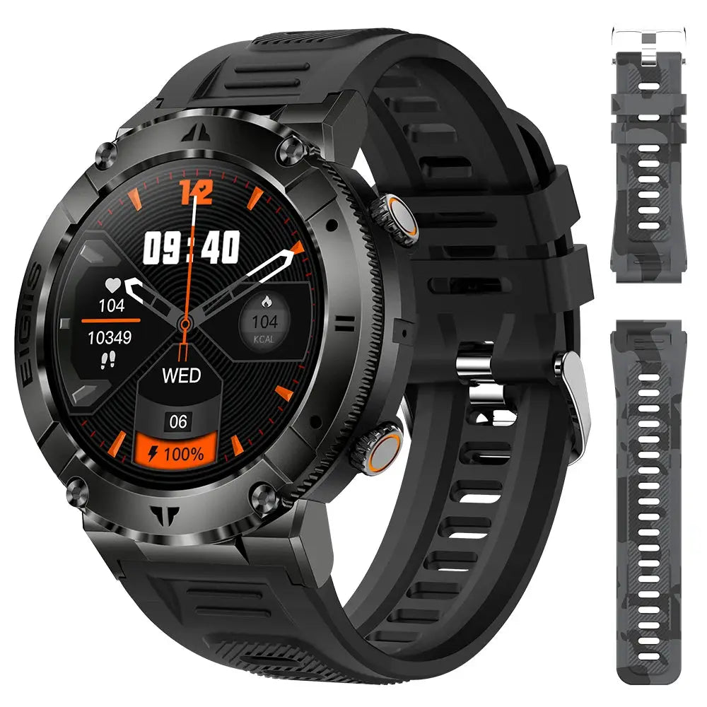 LaNikar Smart Watch for Men with TFT display, black rugged design, includes two extra silicone bands