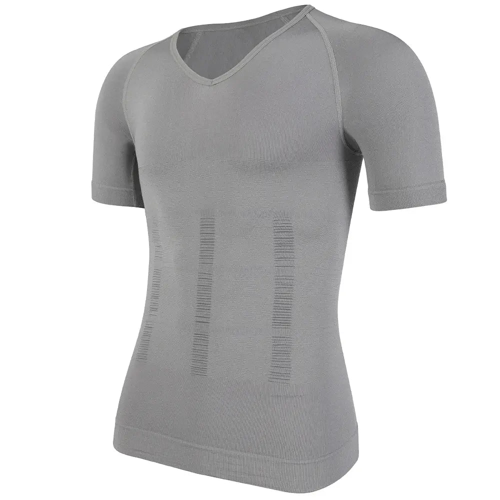 Men's slimming compression shirt gray V-neck undershirt with front torso-contour panels