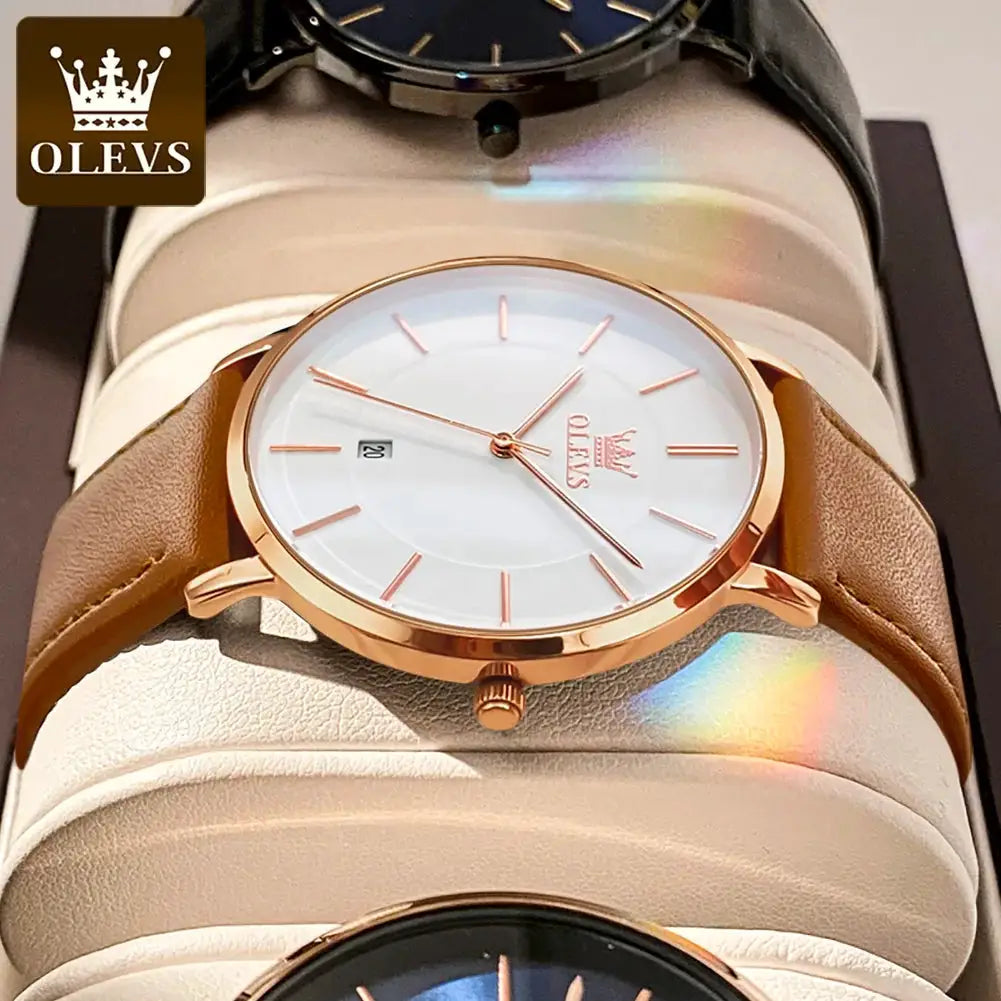 OLEVS ultra-thin quartz men's watch with rose-gold case, white dial, brown leather strap, date window