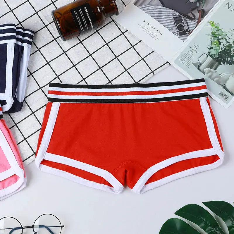 Simples Market women's low-waist boxer shorts in red with white trim and striped waistband