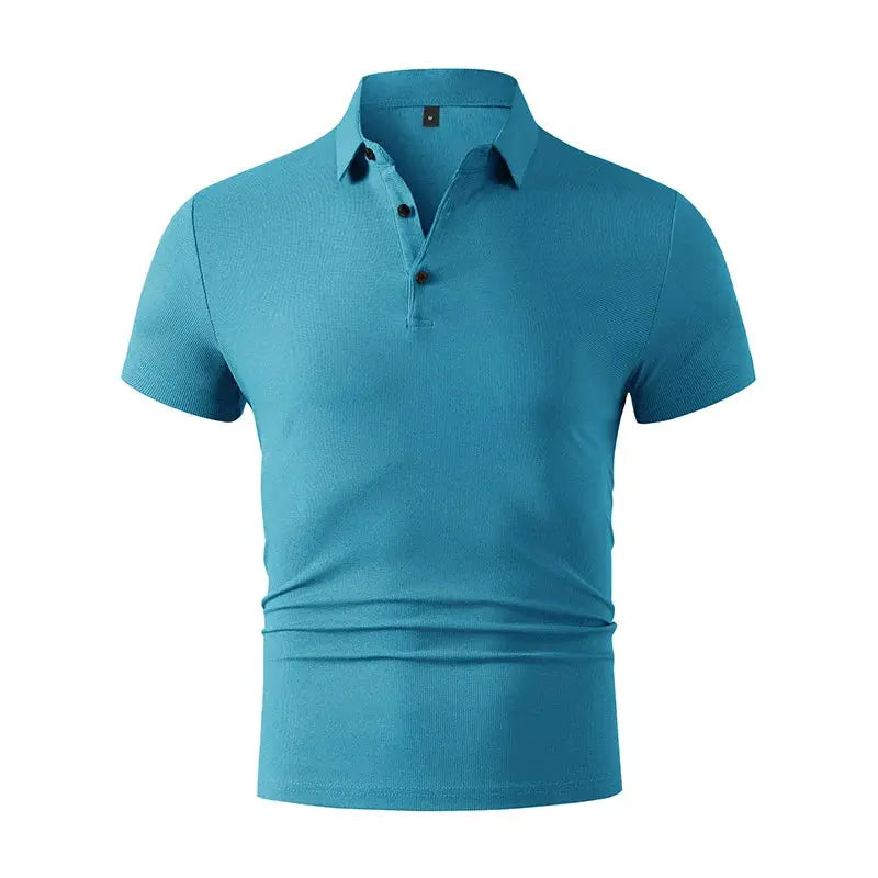 Men's polo shirt by Simples Market, teal short-sleeve collared top with button placket, breathable knit fabric.