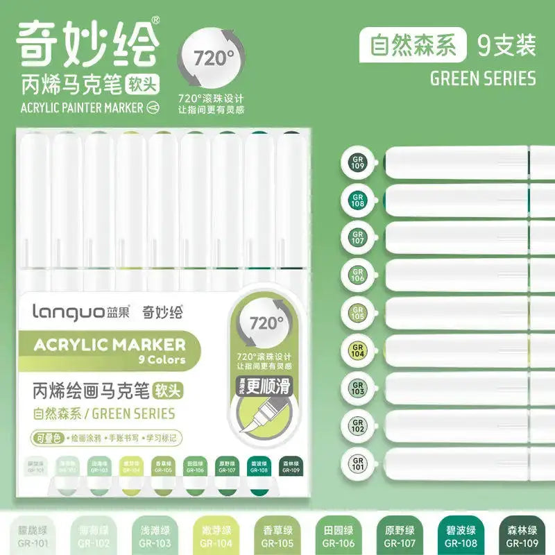 Acrylic marker set by Simples Market, 9 colors with soft brush tips, green series for notebooks and diaries